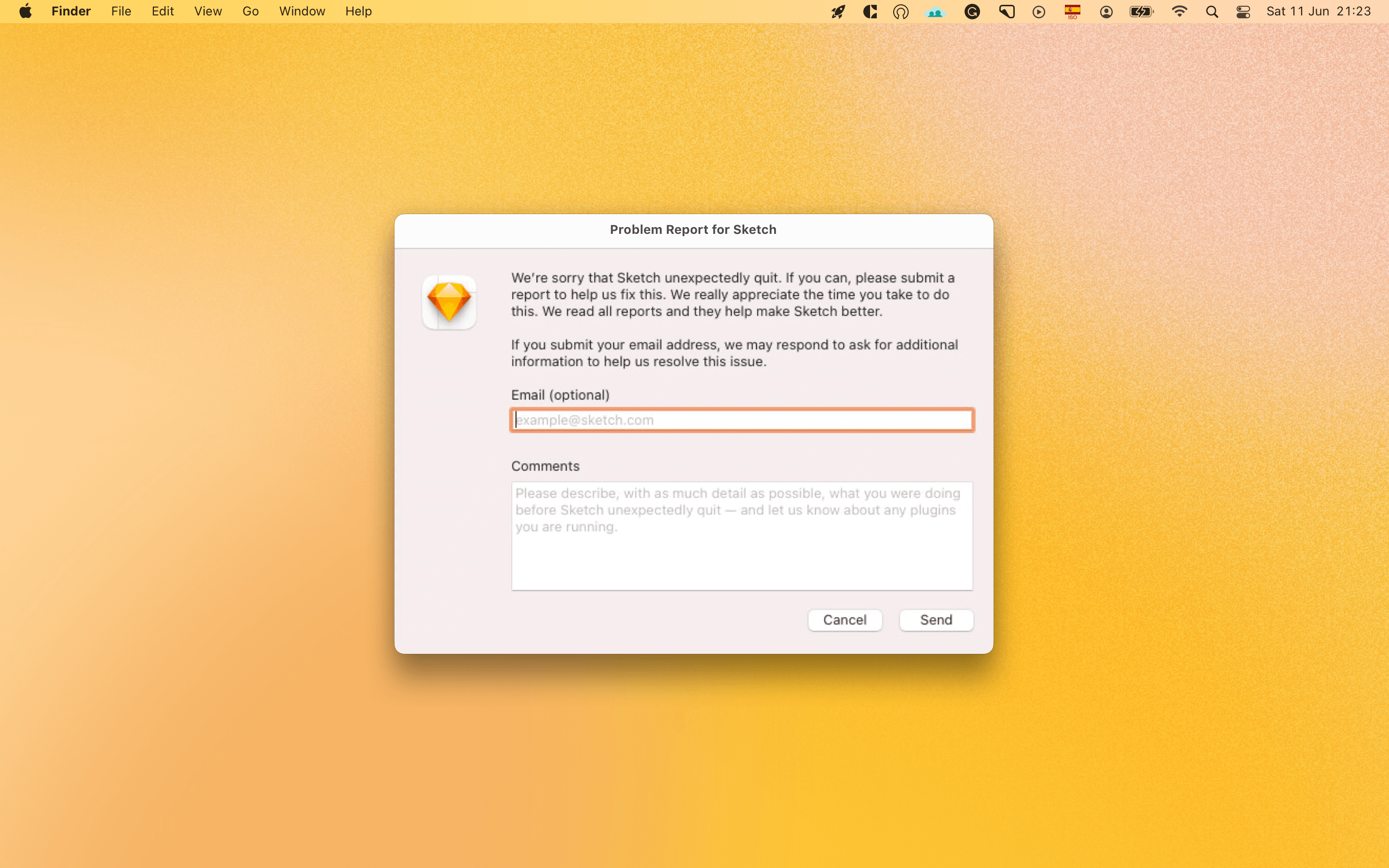 macOS Sketch crash report window